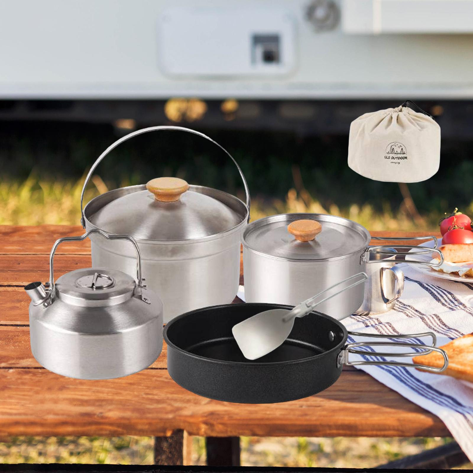 Camping Cooking Set With Kettle - キャンプ調理器具 クックギア ポータブル ノンスティックフライパン、ティーポット、ケトル 折りたたみハンドル ハイキング