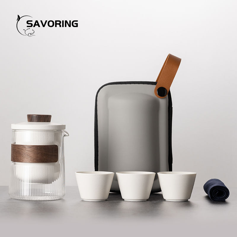 Camping Cooking Sets - シンプルな中国製陶磁器茶器セット、ポット1個、カップ3個、バッグ付き、旅行用茶器セット、キャンプ用磁器茶碗、茶道用蓋碗カップツール
