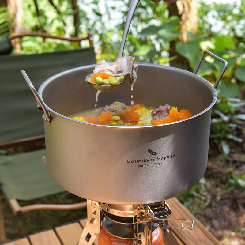 Mess Kit Titanium - 寝袋のない方-ポータブルチタンポット、大容量、屋外、ハイキング、ピクニック、キャンプ、調理器具、スープ、家庭用キッチン用鍋、5.0l