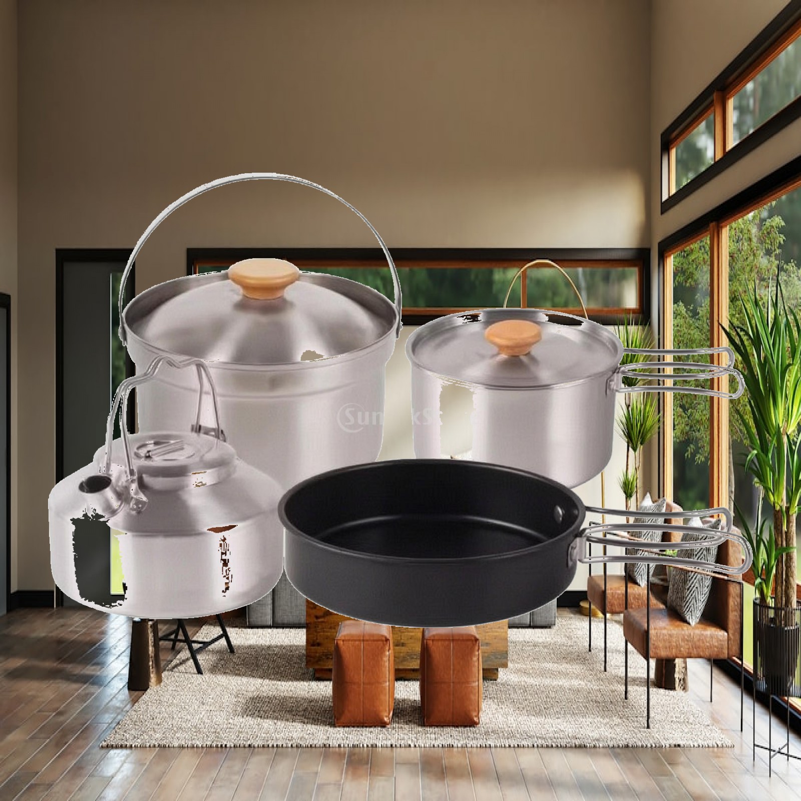 Camping Cooking Set With Kettle - 4ピースステンレス製キャンプ調理セット、ネスティング式キャンプ調理器具セット（ケトル、食器セット付き）、キャンピングカー向けポータブル折りたたみ式