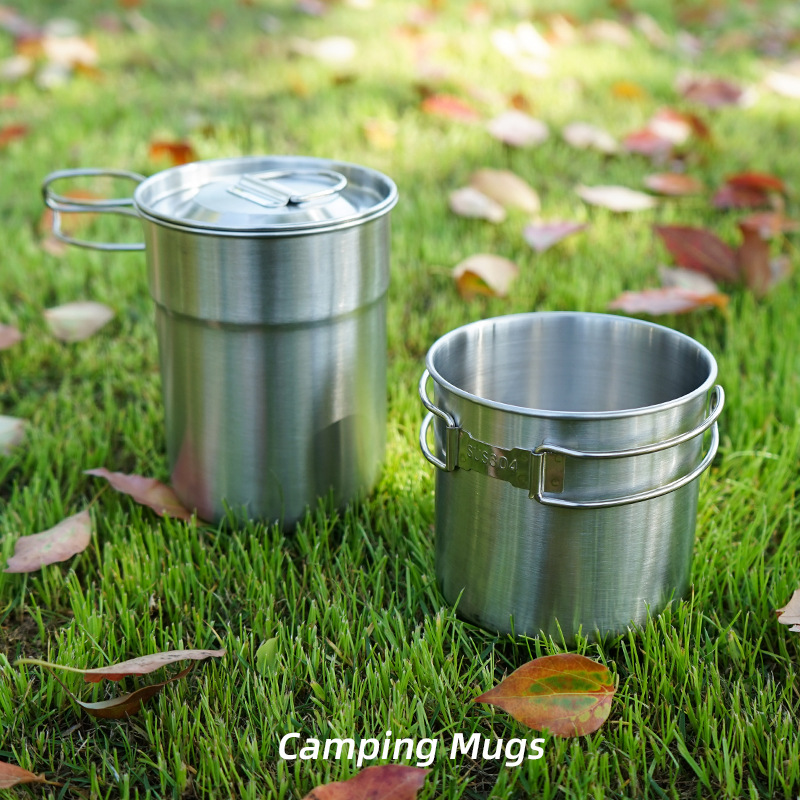 Camping Cooking Set With Kettle - 2 ピース/セットキャンプケトルステンレス鋼調理ケトルキャンプポットポータブル屋外キャンプバックパッキングポット折りたたみハンドル付き