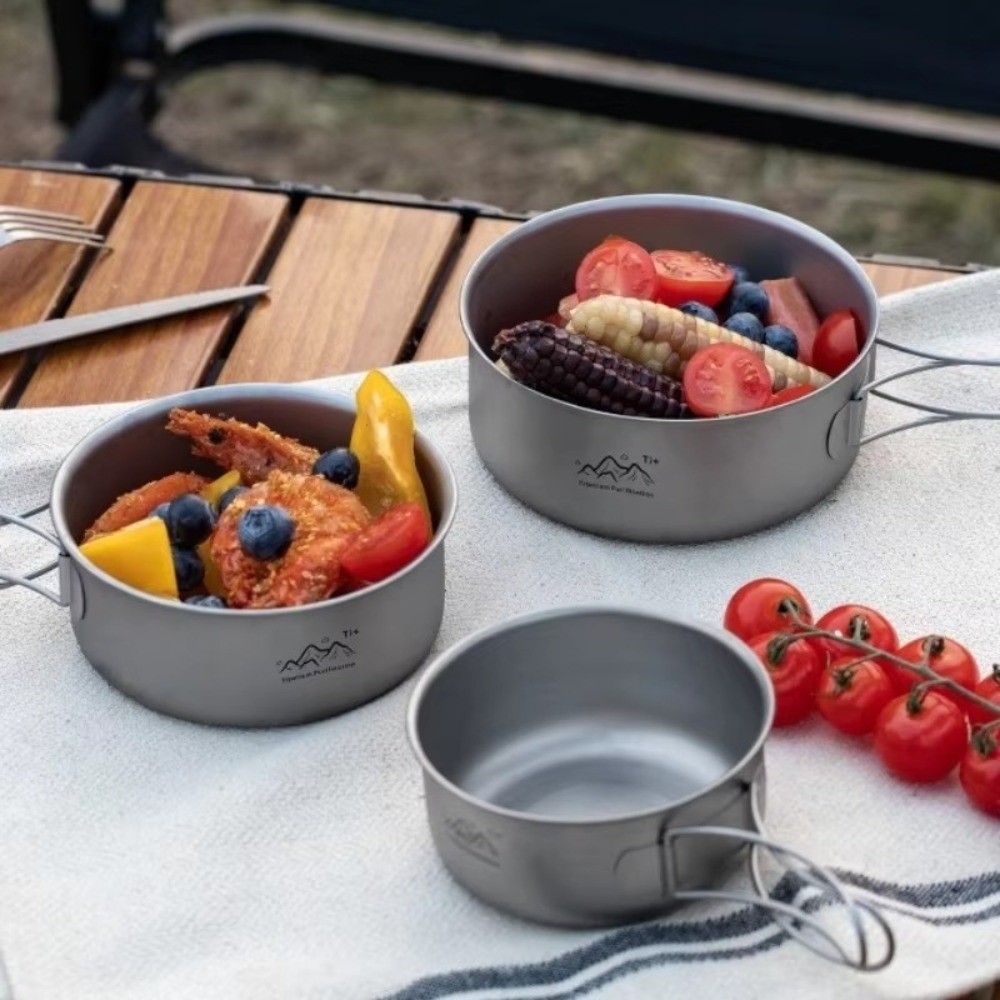 Camping Cooking Noodles - ポータブル超軽量キャンプポット チタン製折りたたみハンドル インスタントラーメンボウル 調理器具 クッキングボウル クッキングユーテンシル