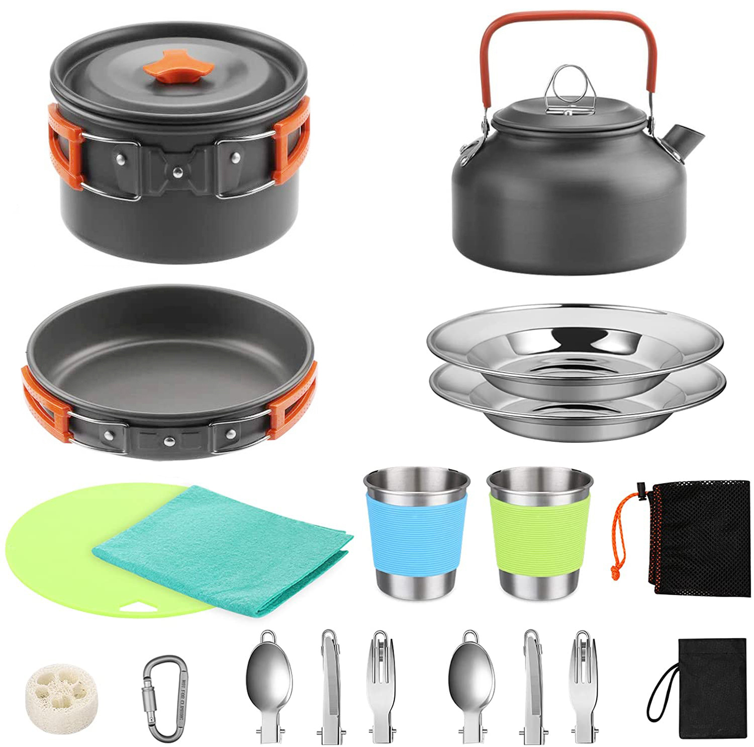 Camping Cooking Set With Kettle - 2～3人用キャンプクッキングセット アルミ製鍋 フライパン ステンレス製蓋 ガスコンロ対応 簡単洗浄