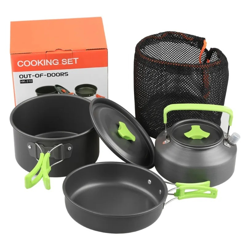 Camping Cooking Set With Kettle - キャンプ用調理器具セット、アウトドアキッチン用品セット、アルミ製携帯食器、鍋、ボウル、ケトル、ハイキング、ピクニック用品
