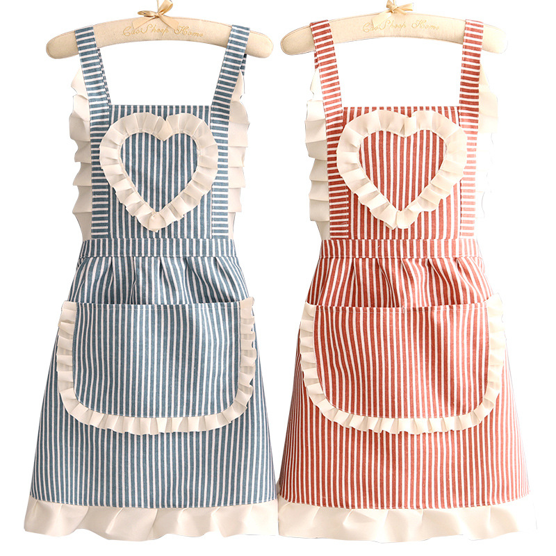 Camping Cooking Apron - エプロン ラッフルエプロン 女性用 コットンリネン ストライプ柄 キッチン用