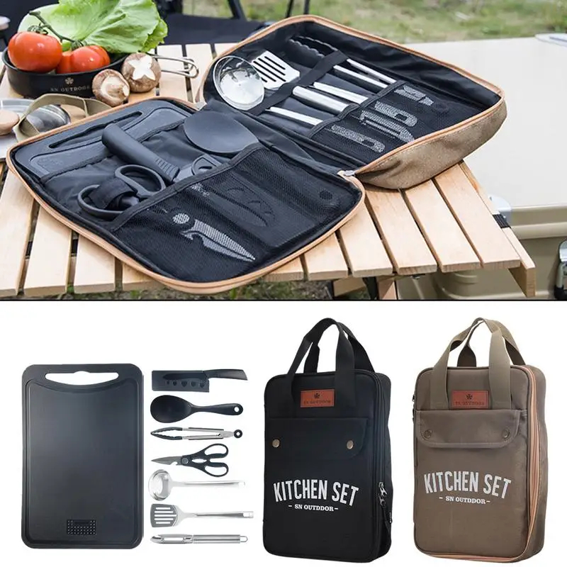 Camping Cooking Windscreen - 8点セット キャンプキッチン調理器具セット ポータブル屋外旅行用具 ステンレス製調理・グリルセット バーベキューピクニック用