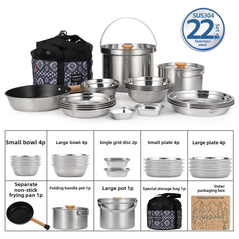 Camping Cooking Set With Bag - NOBANA 最新の屋外ステンレス鋼ポットセットキャンプファミリーポットセット 5L ポータブルピクニックスープポット揚げ蒸し家庭用ポット