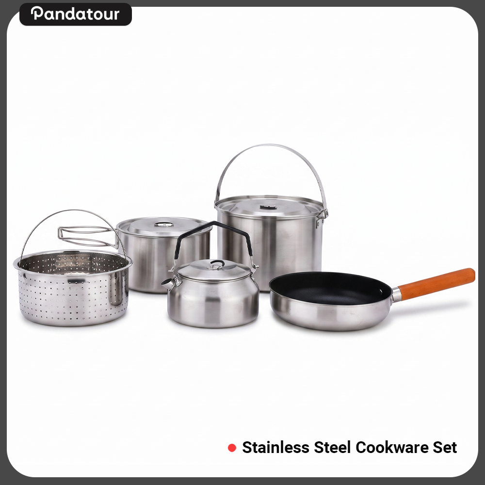 Camping Cooking Sets - Pandatour アウトドアキャンプ用5点ステンレス製調理器具セット 折りたたみ式ポータブル スープポット、ストレーナーバスケット、ケトル、フライパン付き