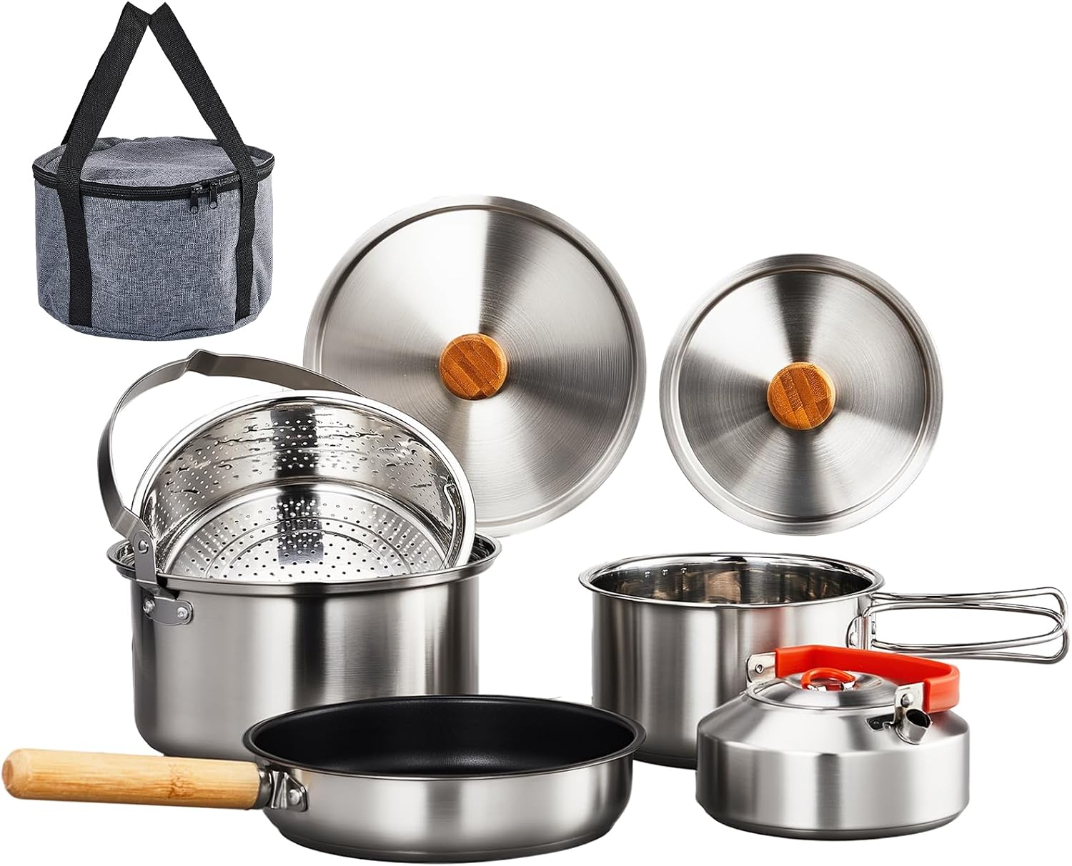 Camping Cooking Set With Bag - 6点調理器具セット、304ステンレス製軽量ノンスティック鍋、ケトル、スピン、トラベルトートバッグ付き、直火、キャンプ、アウトドア料理用（4～6人用）