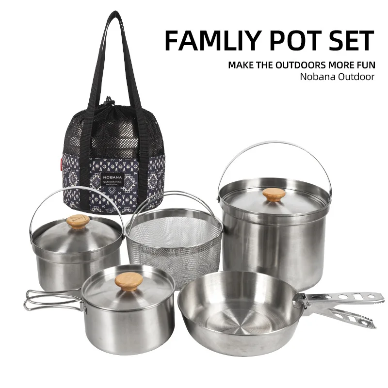 Camping Cooking Set With Bag - 2026 新しい屋外ステンレス鋼ポットセットキャンプファミリーポットセット 5L ポータブルピクニックスープポット揚げ蒸し家庭用ポット