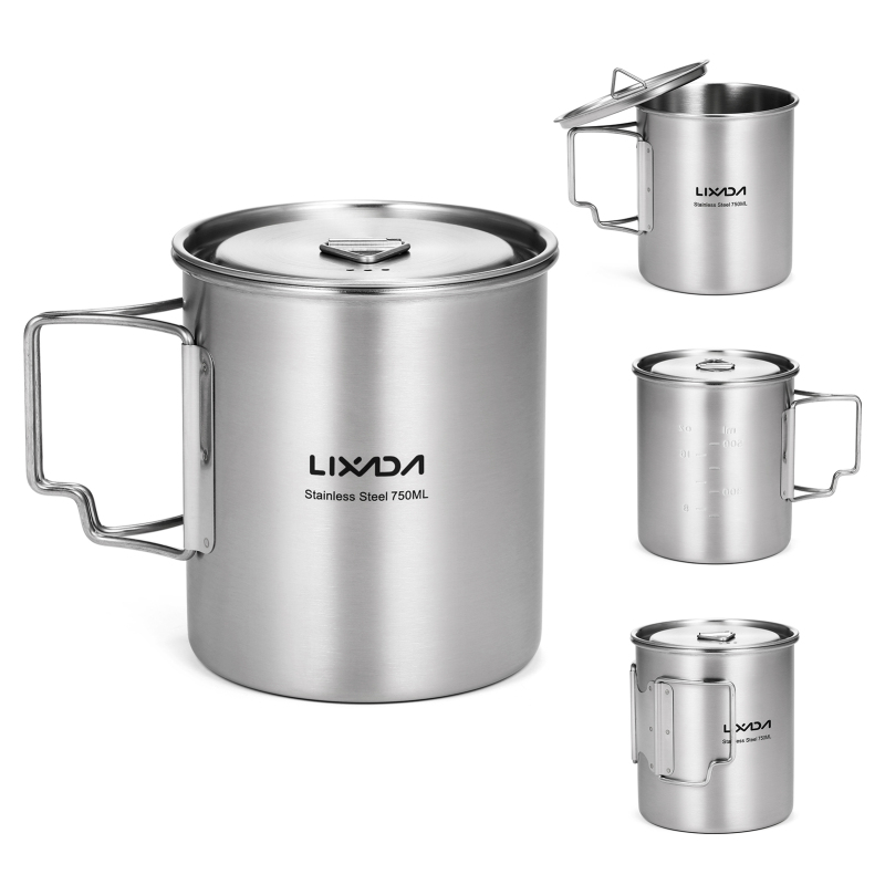 Camping Cooking Set With Bag - Lixada-折りたたみ式ハンドルと蓋付きステンレススチールマグ、屋外ウォーターカップ、キャンプハイキングバックパッキング、750ml