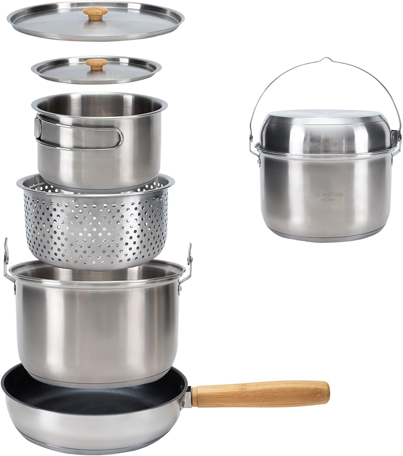 Camping Cooking Set With Kettle - 304ステンレス鋼キャンプ用調理器具セット - キャンプファイヤー調理用の鍋、フライパン、ケトル、トラベルトートバッグ付き、アウトドアキッチンピクニック用