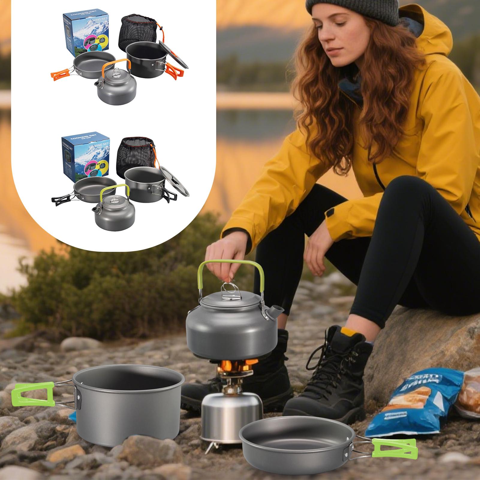 Camping Cooking Set With Kettle - キャンプ調理器具 キャンプクックポットセット ノンスティック軽量ポットパンケトル ハイキング旅行釣りアウトドア裏庭キッチン用