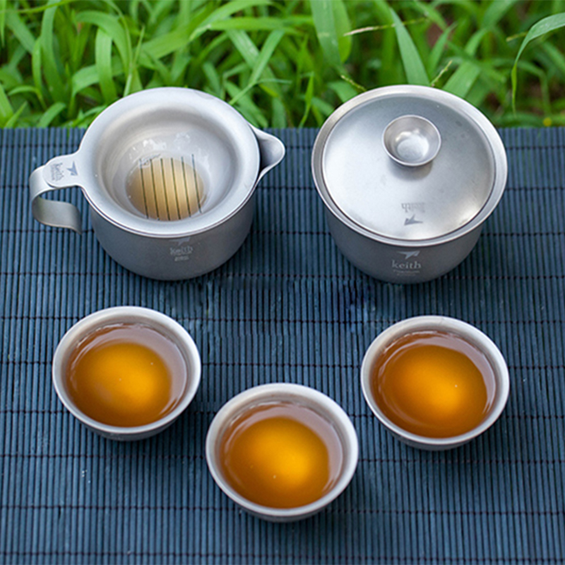 Camping Cooking Set With Kettle - Leikeith-キャンプ用のポータブル屋外焦げ付き防止チタンカンフーティーセット,6個