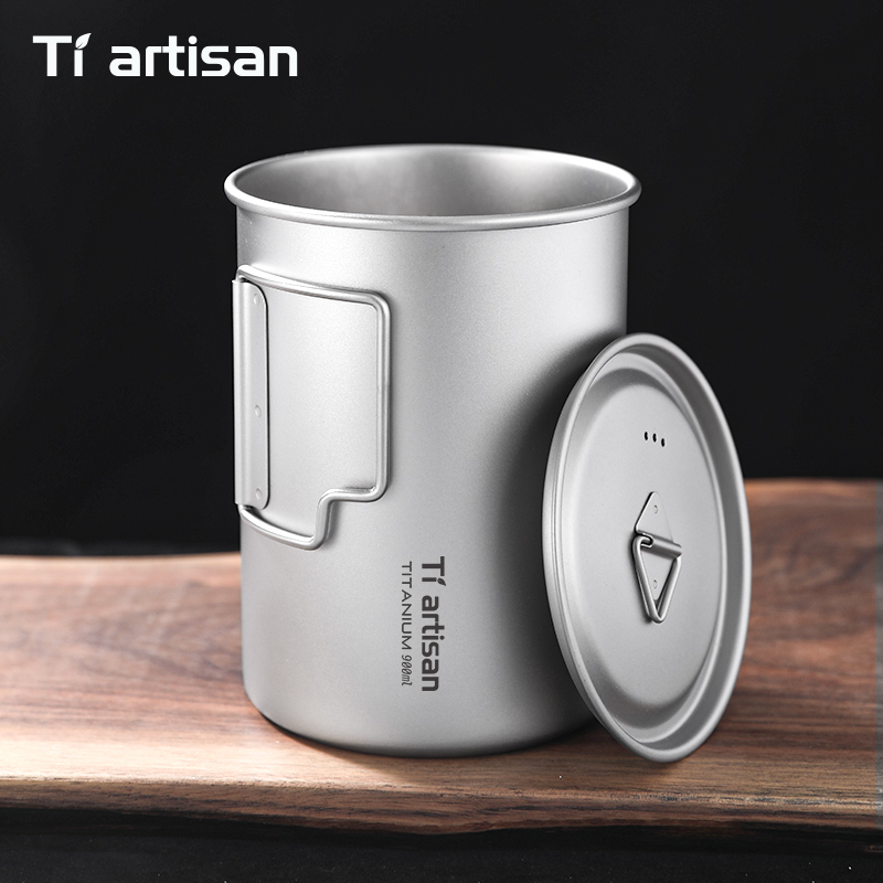 Camping Cooking Pot Large - Tiartisan 750ml/900ml チタン製折りたたみハンドル付きキャンプマグ 大容量水筒 蓋付き アウトドア