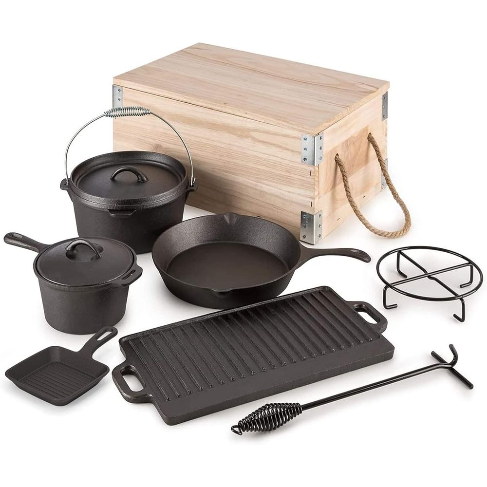 Vintage Camping Cooking Set - 8点セットのプレシーズン加工済みダッチオーブン調理器具セット、鋳鉄製キャンプキッチン調理器具、ベイクウェア、スキレット、スクエアグリルパン、ヴィンテージC付き