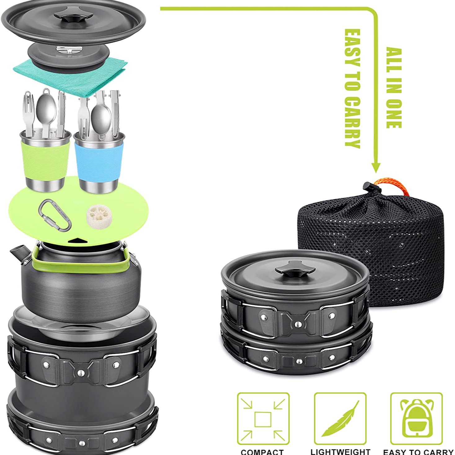 アウトドアキャンプクックセット（ケトル付き）、304ステンレ - Camping Cooking Set With Kettle のレビューと価格