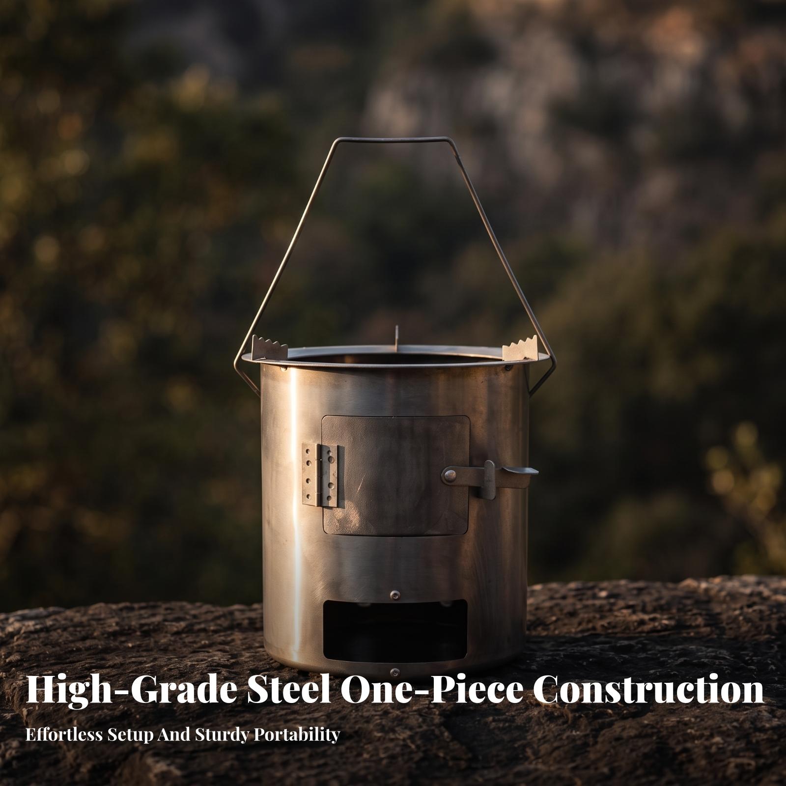 アウトドア料理用エコノミー薪ストーブ、鍋ホルダーとヒンジ付き - Camping Cooking Meals のレビューと価格