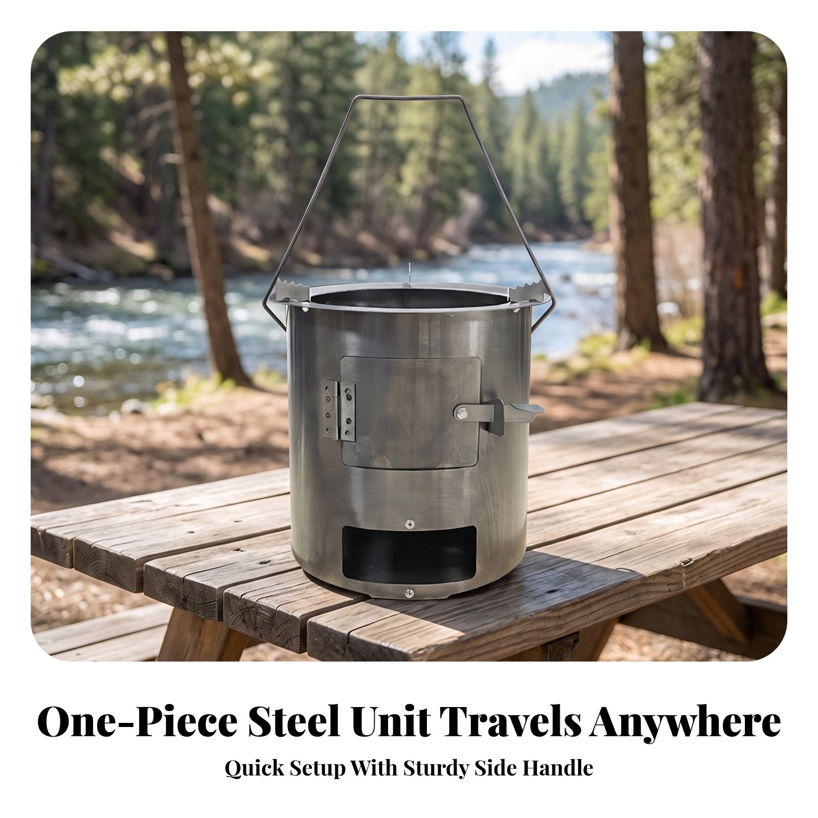 アウトドア料理用エコノミー薪ストーブ、鍋ホルダーとヒンジ付き - Camping Cooking Meals のレビューと価格