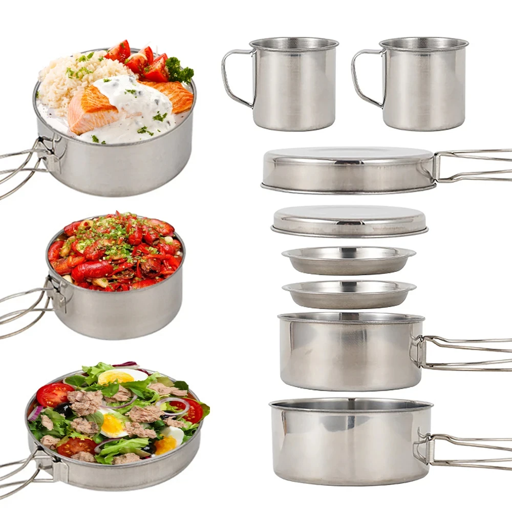 8個/セット キャンプ調理器具セット ステンレス製鍋とフライ - Camping Cooking Set With Bag のレビューと価格
