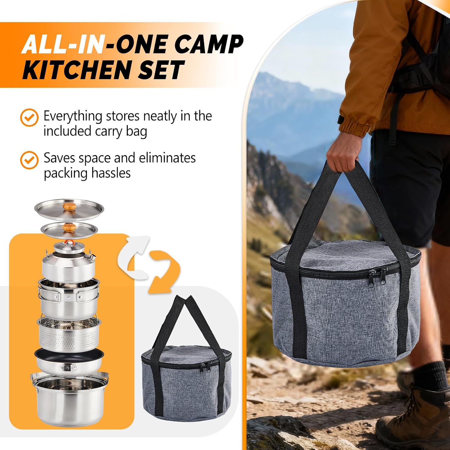 6点調理器具セット、304ステンレス製軽量ノンスティック鍋、 - Camping Cooking Set With Bag のレビューと価格