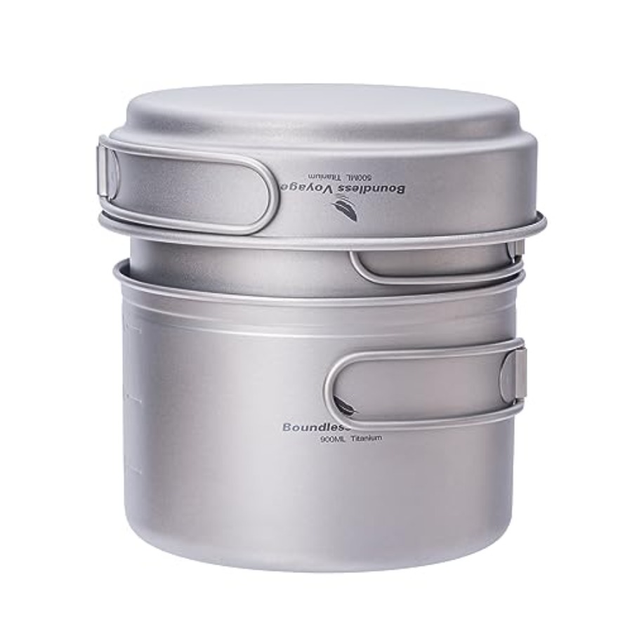 折りたたみハンドル付きチタン製ポットパンセット - 超軽量ポ - Mess Kit Titanium のレビューと価格