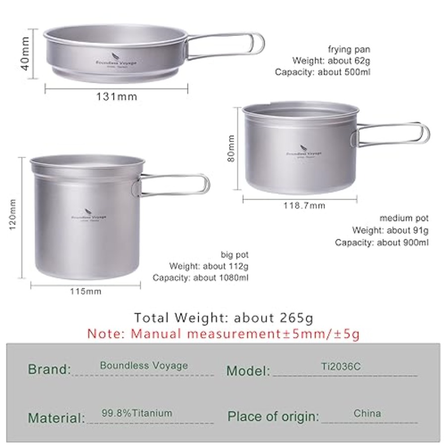折りたたみハンドル付きチタン製ポットパンセット - 超軽量ポ - Mess Kit Titanium のレビューと価格