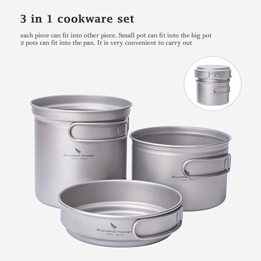 折りたたみハンドル付きチタン製ポットパンセット - 超軽量ポ - Mess Kit Titanium のレビューと価格