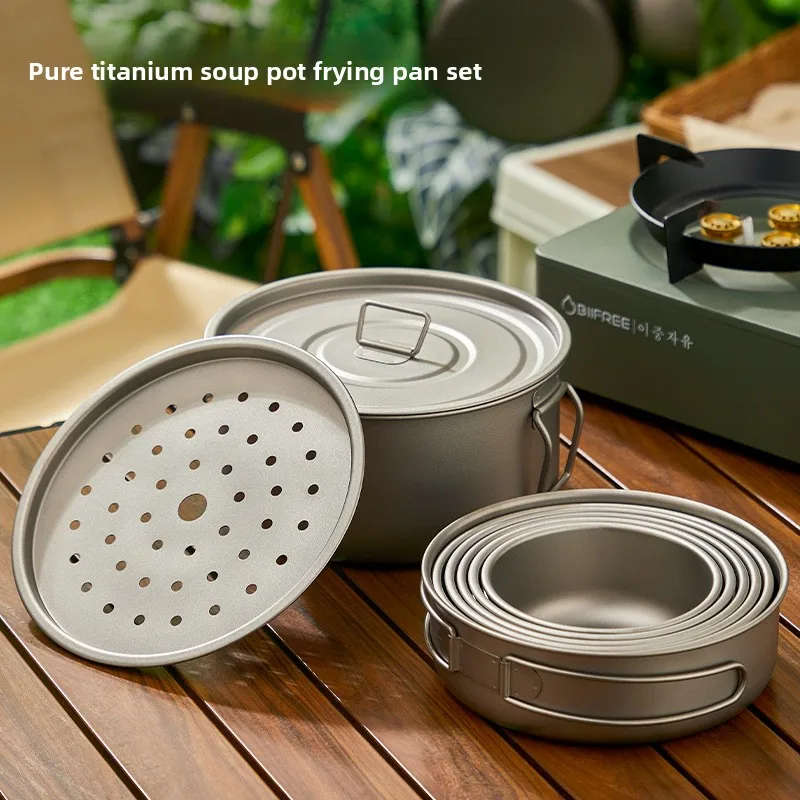 チタンアウトドアポットセットピクニックキャンプセット食器折り - Mess Kit Titanium のレビューと価格