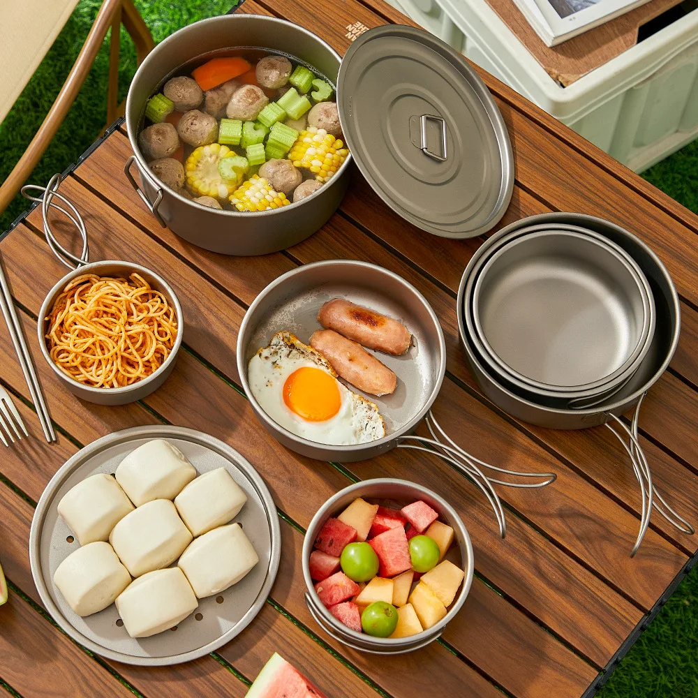 チタンアウトドアポットセットピクニックキャンプセット食器折り - Mess Kit Titanium のレビューと価格